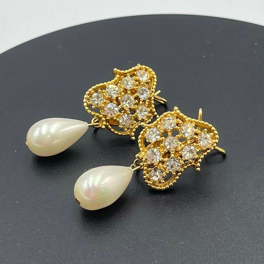 Judith McCann Vintage Wing Back Teardrop Faux Pearl Pave Crystal Dangle Earring